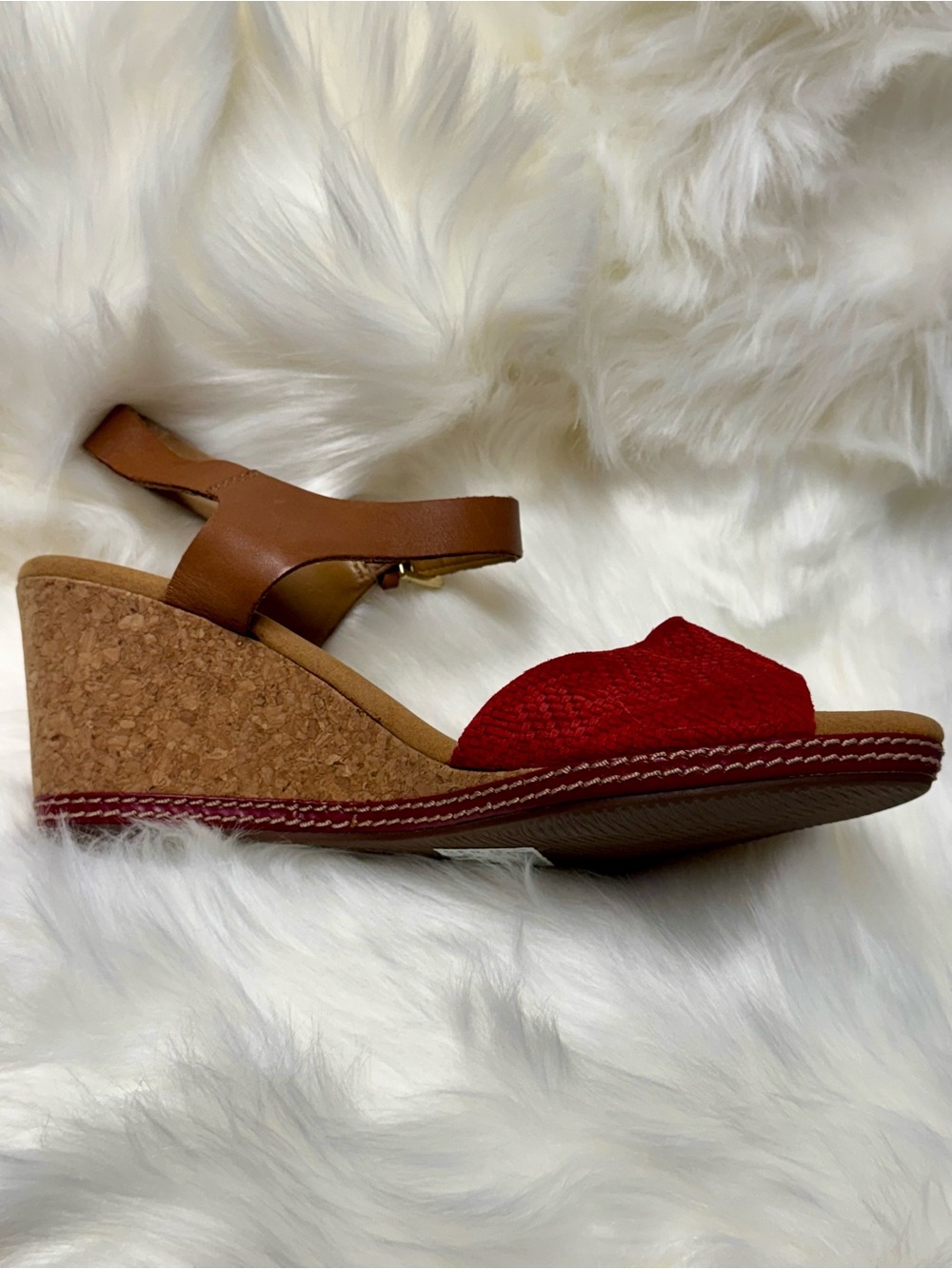 Clarks Red and Brown Cork Wedge Sandals with Buckle